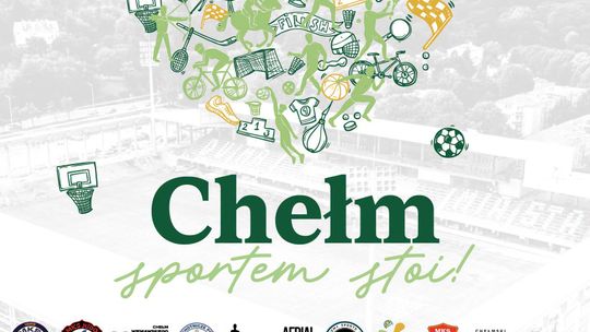 Plakat Chełm sportem stoi z róznymi dyscyplinami sportowymi, piła, łyżwy,podium, kosz