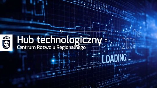 Grafika przedstawia układ scalony na granatowym tle i napis Hub technologiczny Centrum Rozwoju Regionalnego