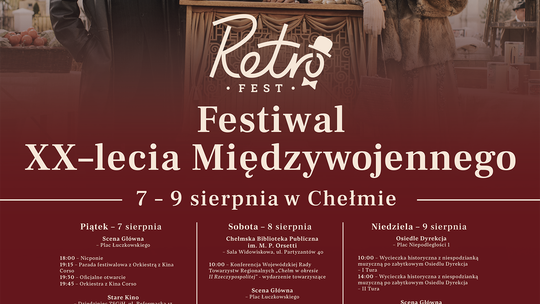 Pięć osób przebranych w stylu retro - stroje z epoki XX-lecia międzywojennego, przy katarynie, poniżej zamieszczony program wydarzenia