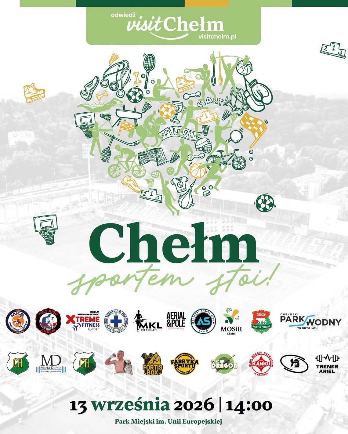 13.09.2026 r. - CHEŁM SPORTEM STOI! Plakat Chełm sportem stoi z róznymi dyscyplinami sportowymi, piła, łyżwy,podium, kosz