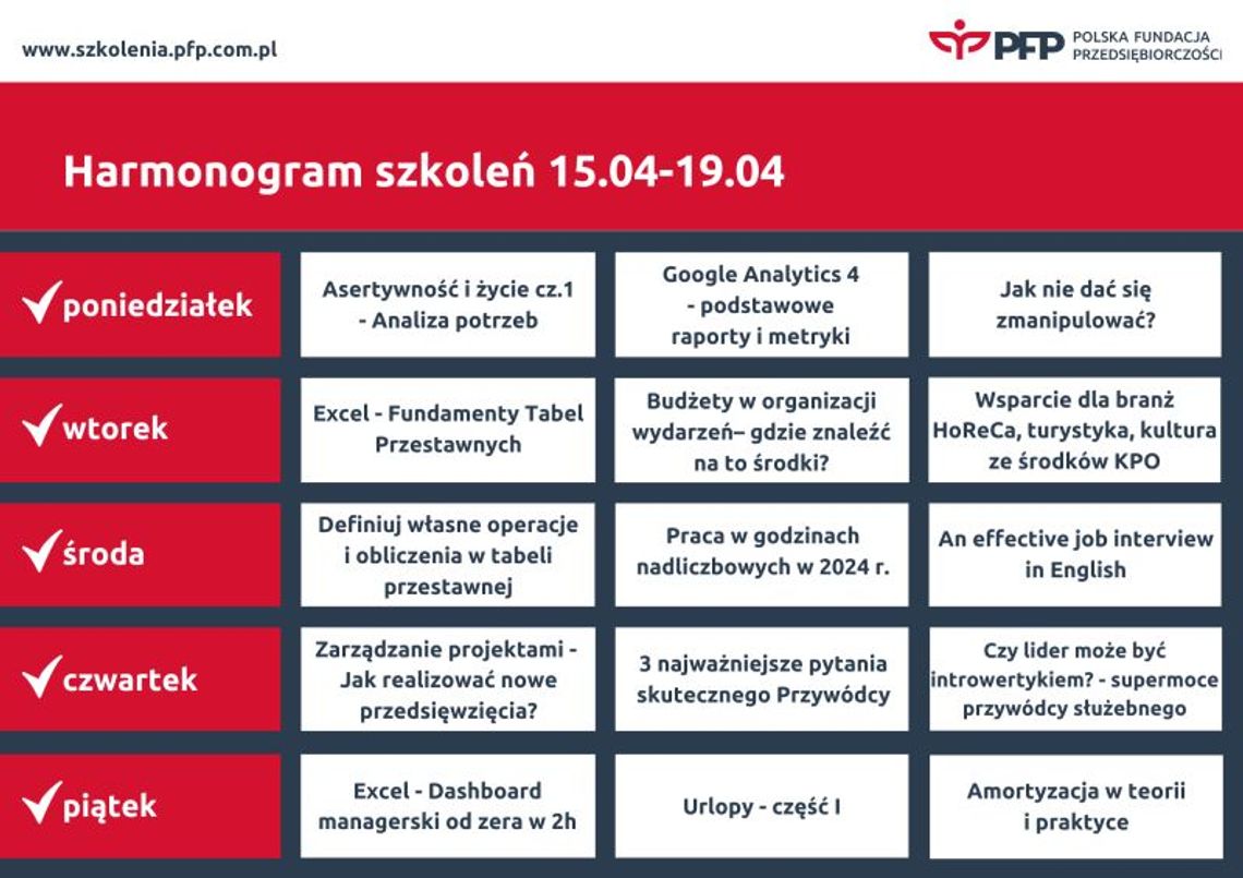 Darmowe szkolenia z PFP - harmonogram na cały tydzień