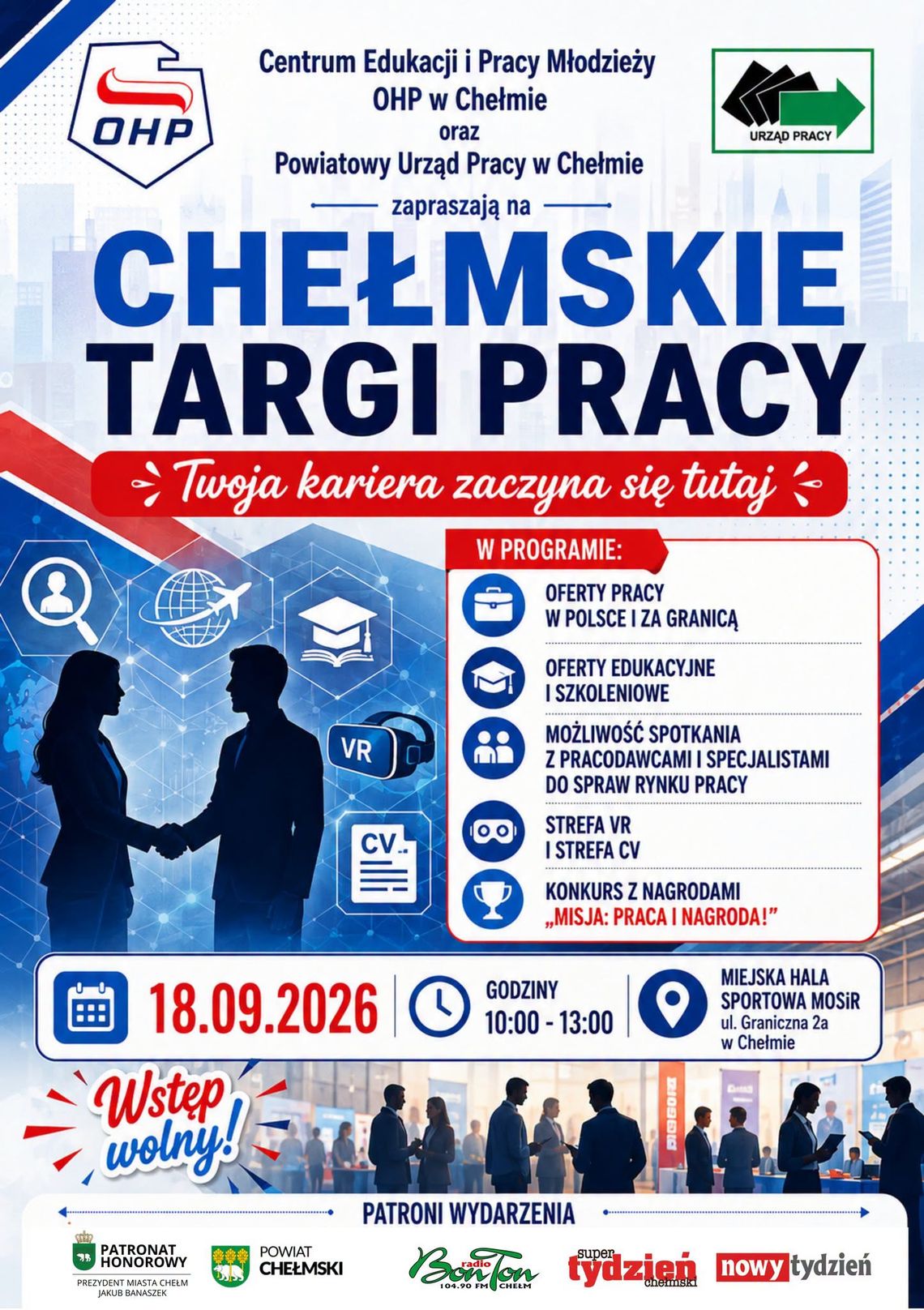 Chełmskie Targi Pracy! 18.09.2026 r. Plakat Chełmskie Targi Pracy z informacją o dacie, lokalizacji i godzinach wydarzenia