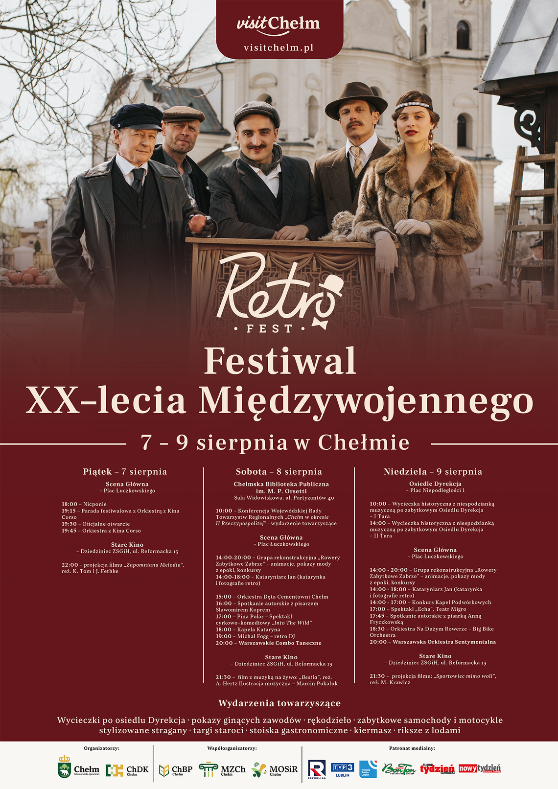 Retro Fest! 7-9 sierpnia na placu Łuczkowskiego! Pięć osób przebranych w stylu retro - stroje z epoki XX-lecia międzywojennego, przy katarynie, poniżej zamieszczony program wydarzenia